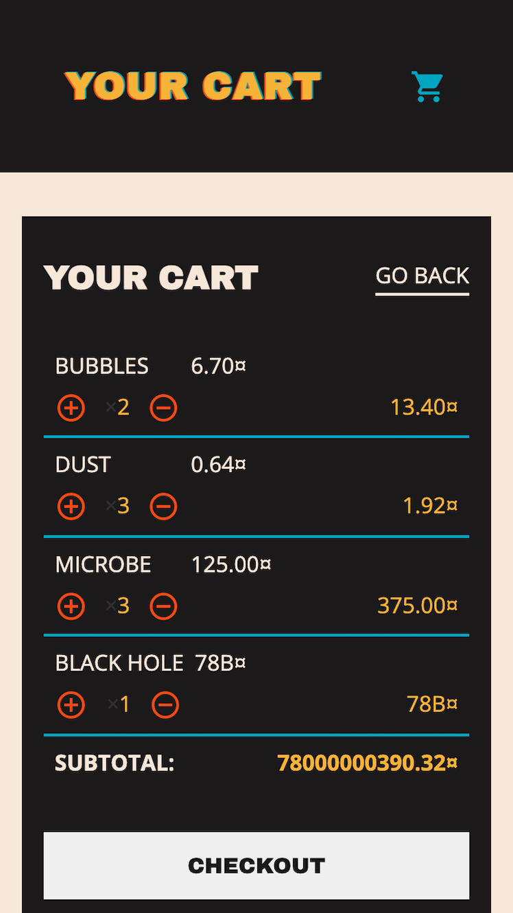 BuyByeBuy shopping cart (mobile screen)