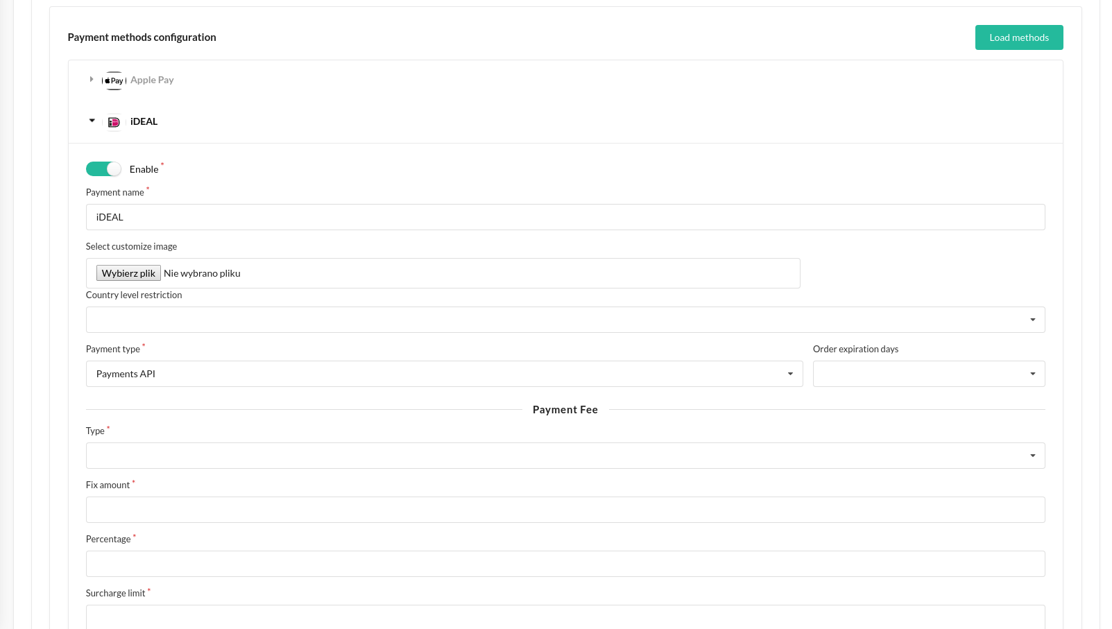 Screenshot showing payment method config in admin