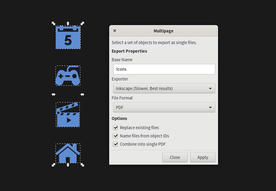 Inkscape multipage export: Inkscape không chỉ cho phép bạn xuất ảnh một cách dễ dàng, mà còn cho phép bạn xuất nhiều trang cùng một lúc. Nếu bạn đang tìm kiếm cách để tạo ra các tài liệu với nhiều trang, hãy thử tính năng xuất nhiều trang của Inkscape. Xem hình ảnh liên quan để thấy Inkscape hoạt động như thế nào.