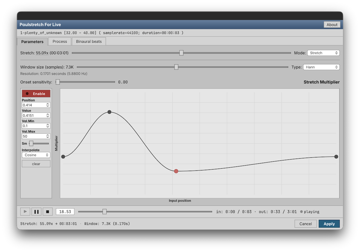The Paulstretch For Live dialog, showing the Parameters tab with the stretch multiplier envelope editor