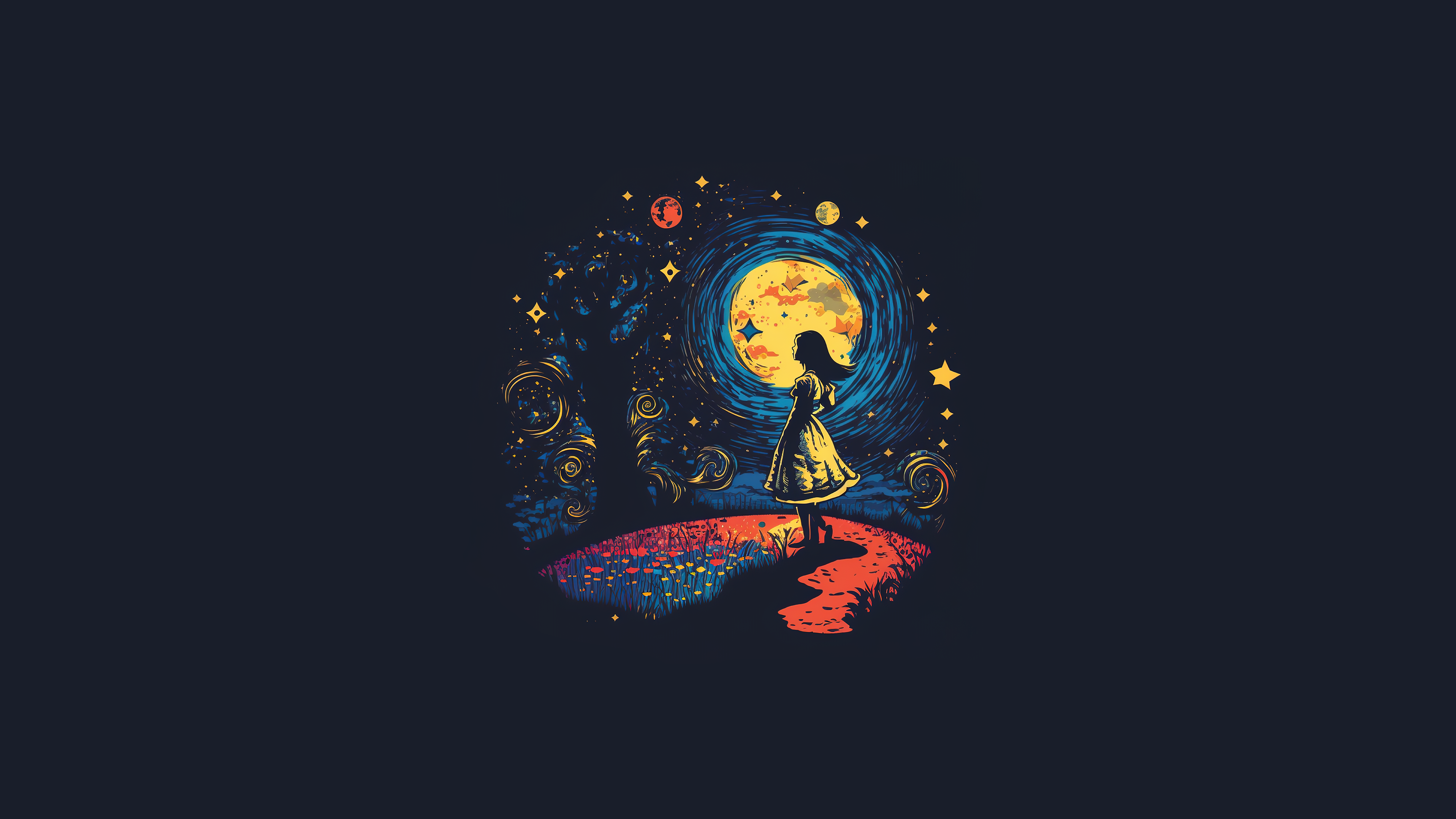 General 3840x2160 starry night Alice in Wonderland digital art stars Moon trees simple background minimalism blue background flowers