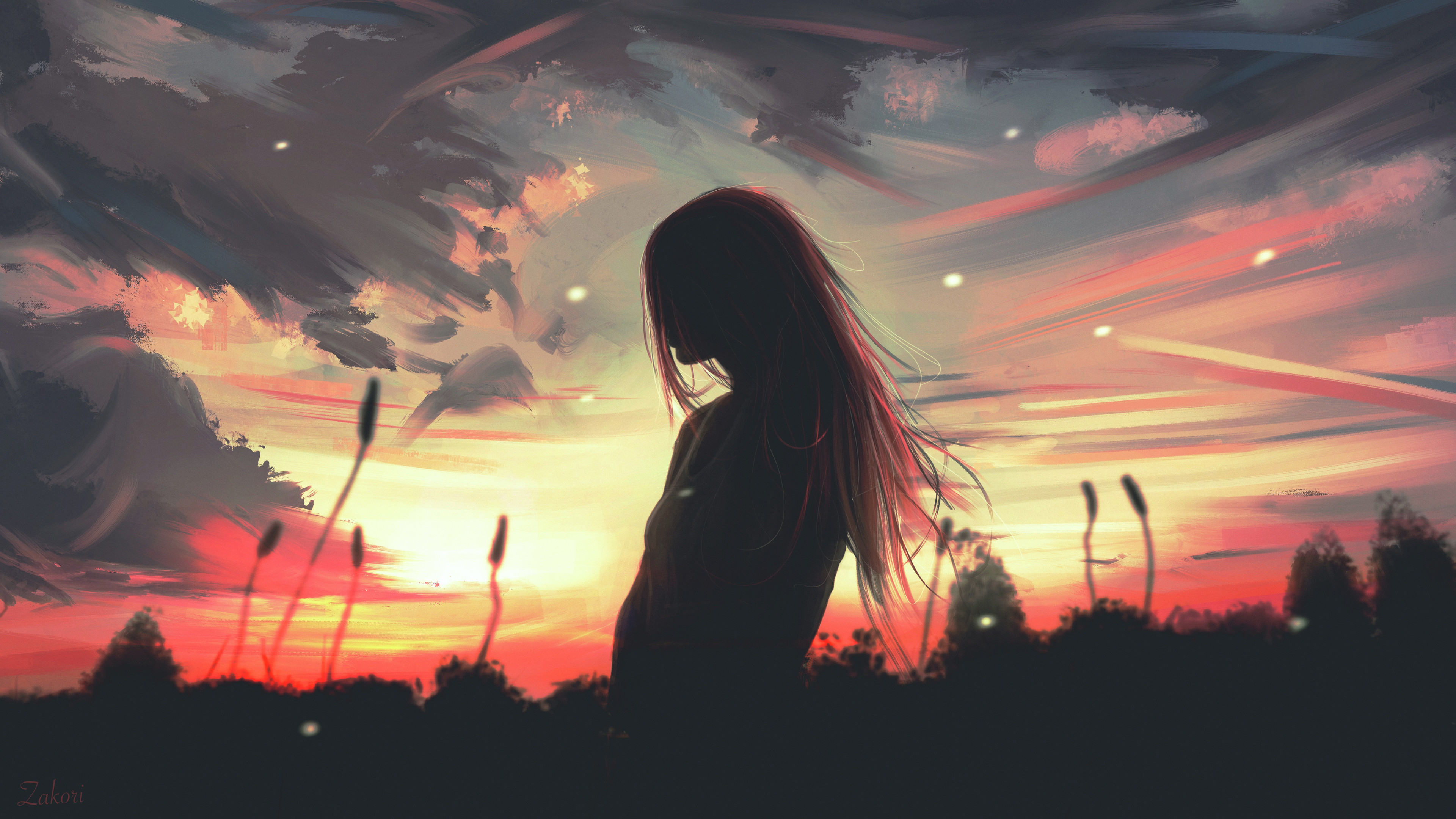 General 3840x2160 digital art artwork illustration women silhouette sunset long hair clouds painting 4K sunset glow sky