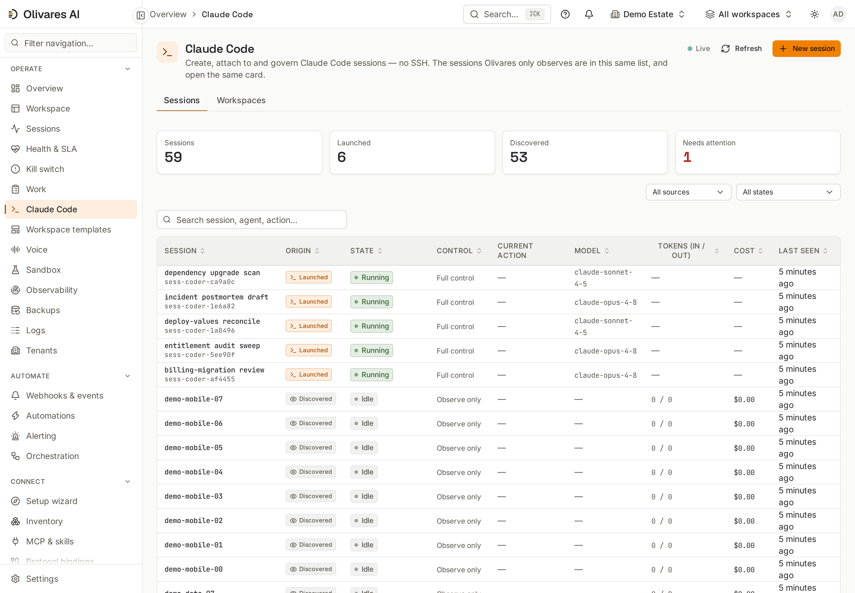 Claude Code sessions created, attached to and governed from the console.
