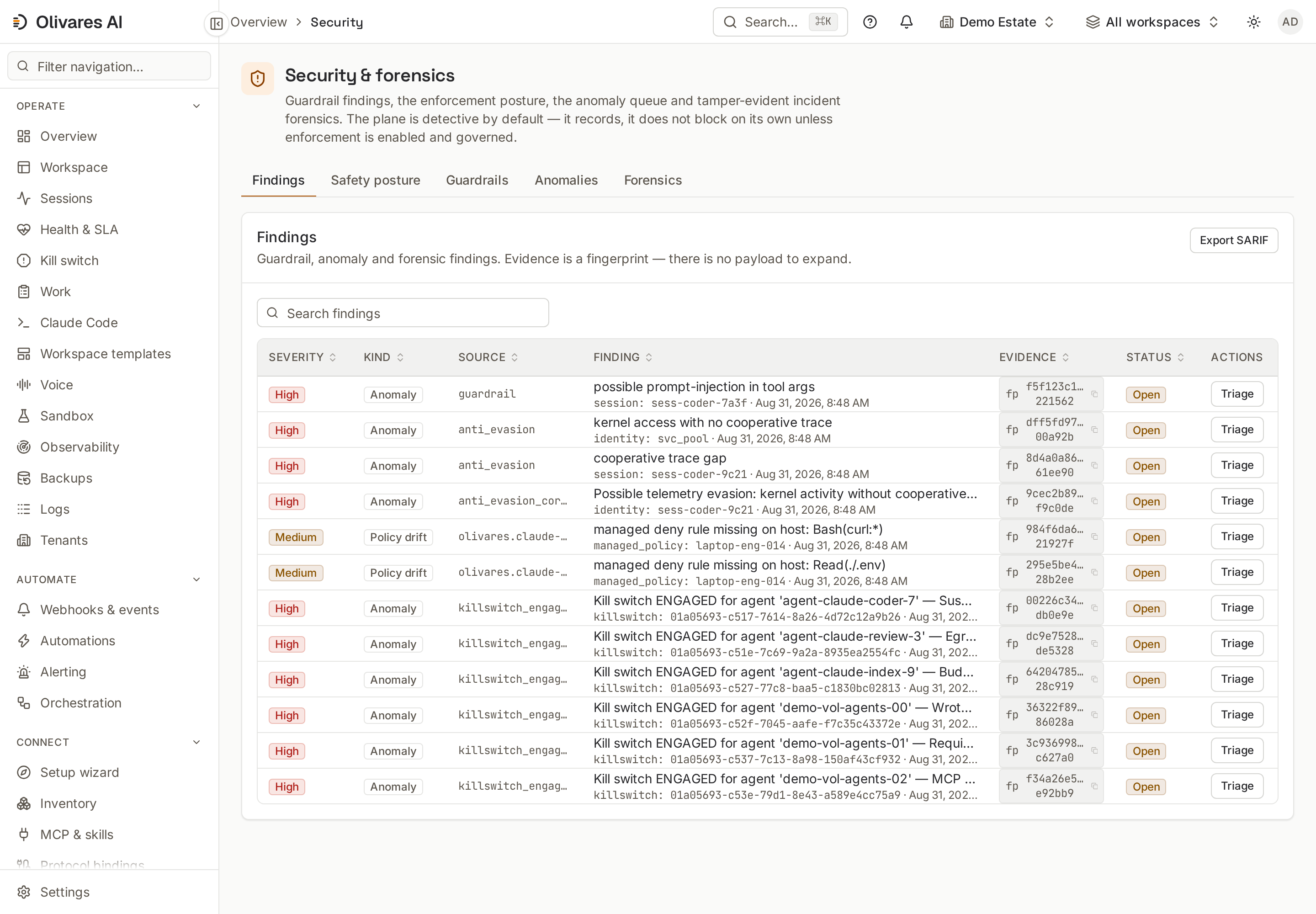 Security and forensics: guardrail findings, the anomaly queue and tamper-evident forensics.