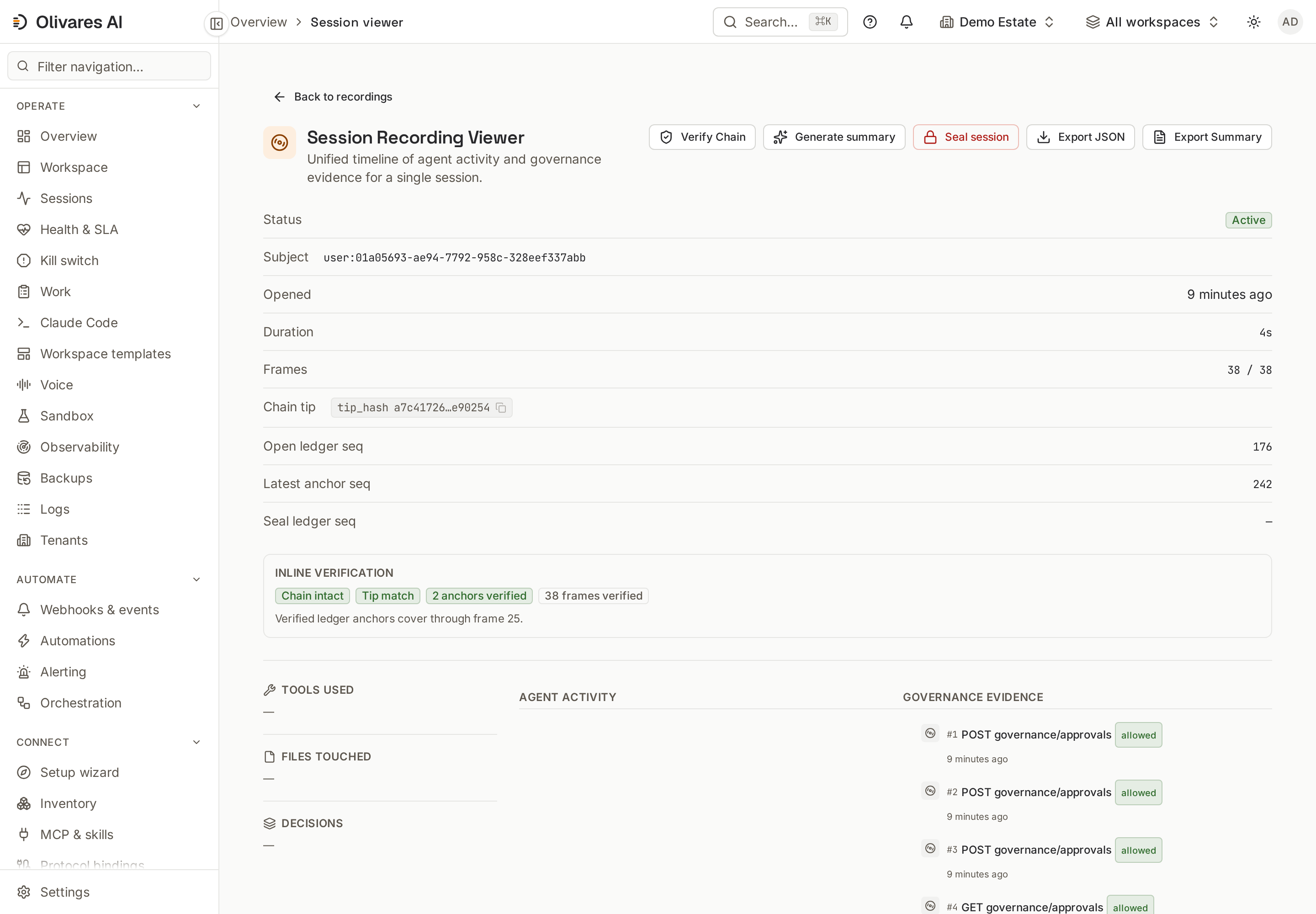 Session recording viewer: agent activity and governance evidence on one timeline, chain verified.