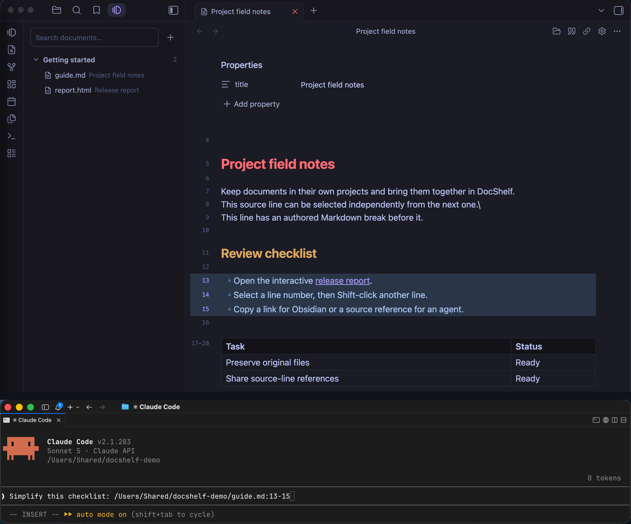 DocShelf in Obsidian with source lines 13–15 selected, followed by a terminal prompt referencing those lines