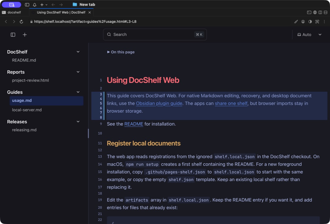 DocShelf Web at shelf.localhost, displaying Markdown with selected source lines