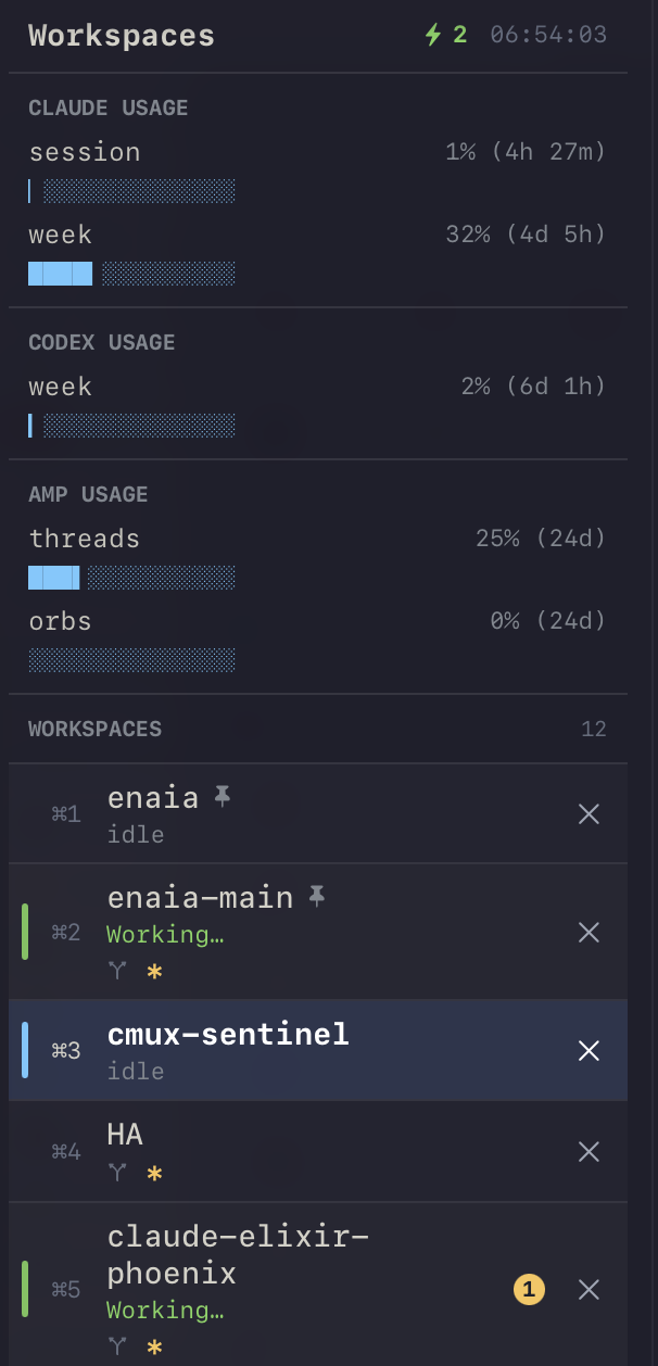 cmux-sentinel usage dashboard — humanized Claude, Codex, and Amp meters