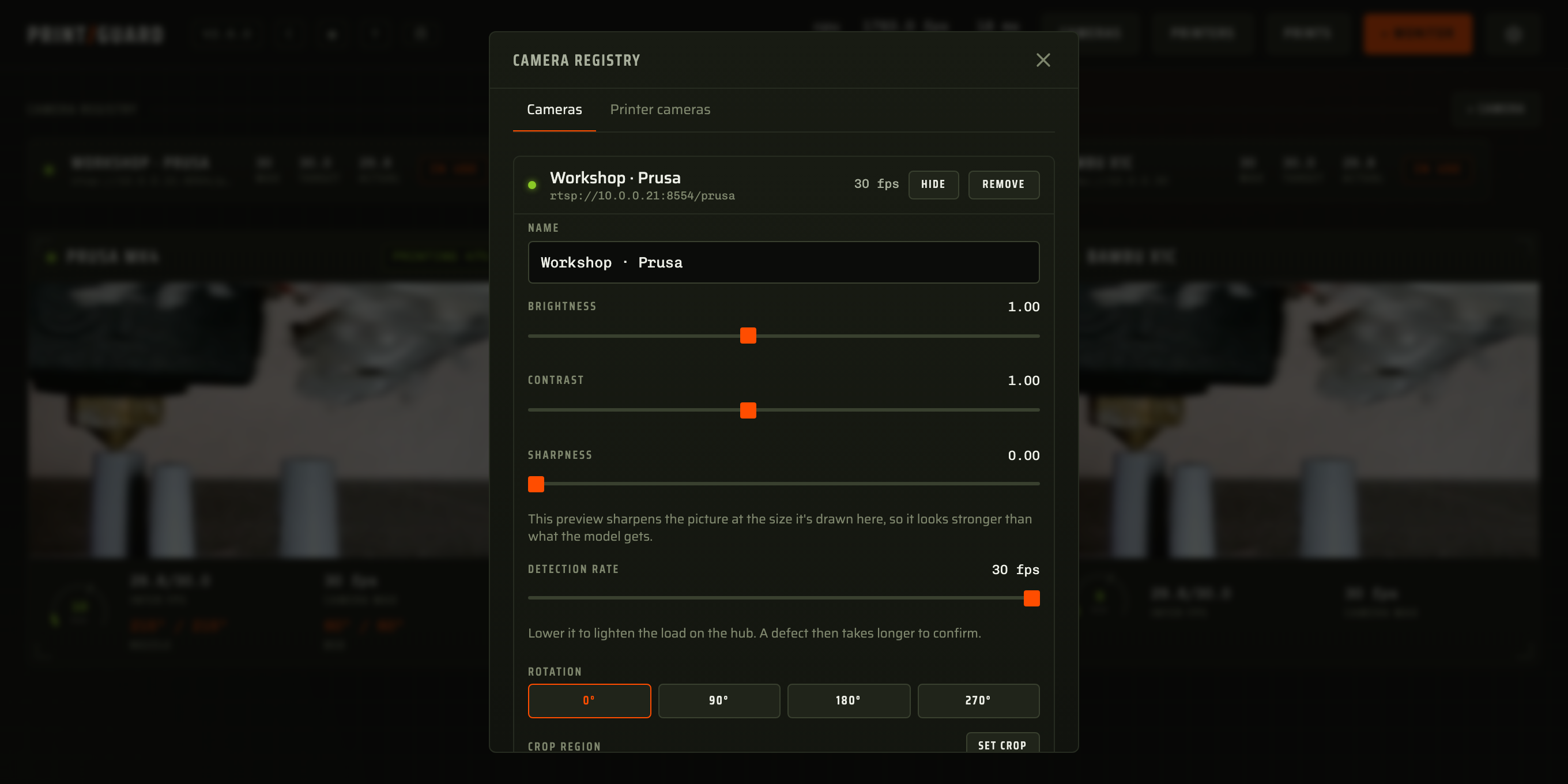 A camera open for editing in the camera registry, with its name, brightness, contrast, sharpness, detection rate and rotation
