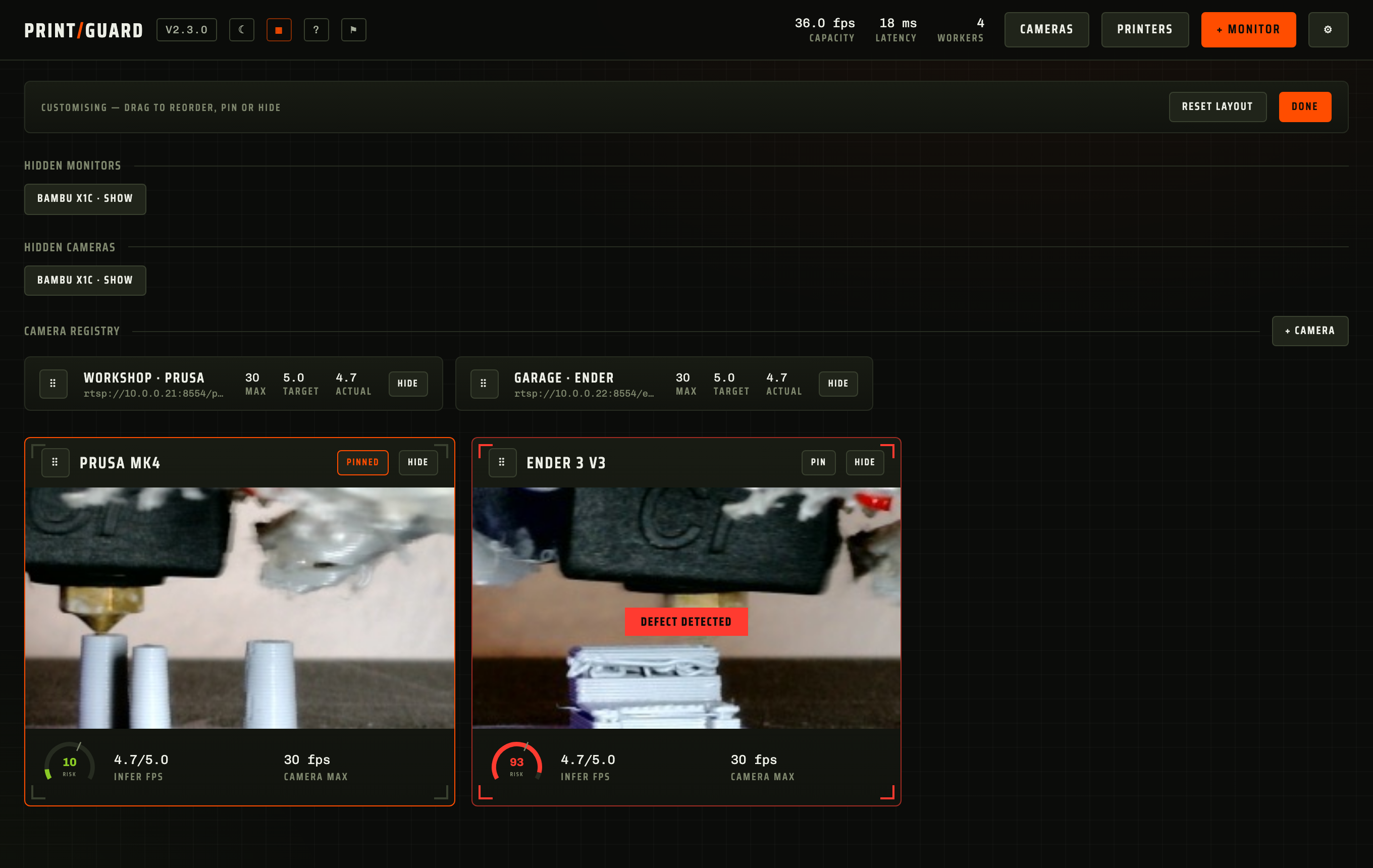 Customise mode: drag to reorder, pin and hide monitors and cameras