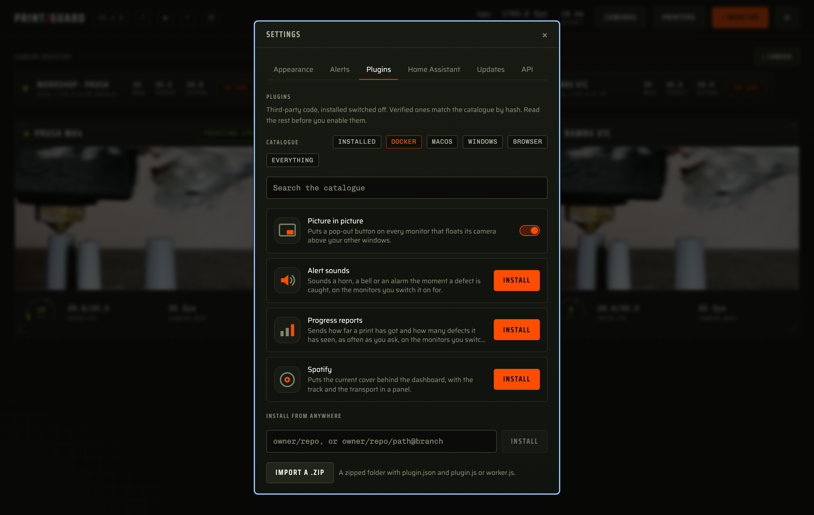 The Plugins tab in Settings, with an installed plugin, the catalogue, and installing from a repository or a file
