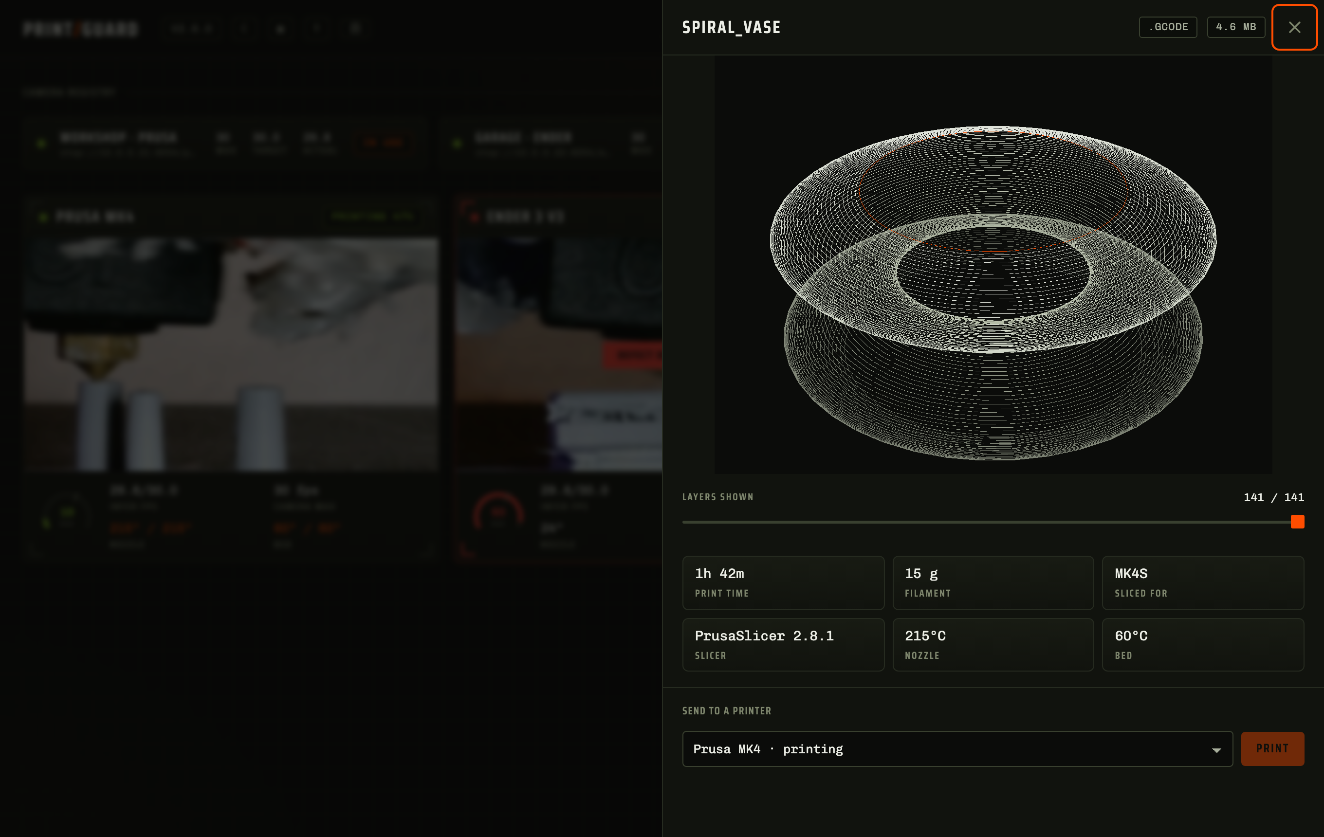 A sliced vase in the 3D viewer with a layer slider, its print time, filament and temperatures