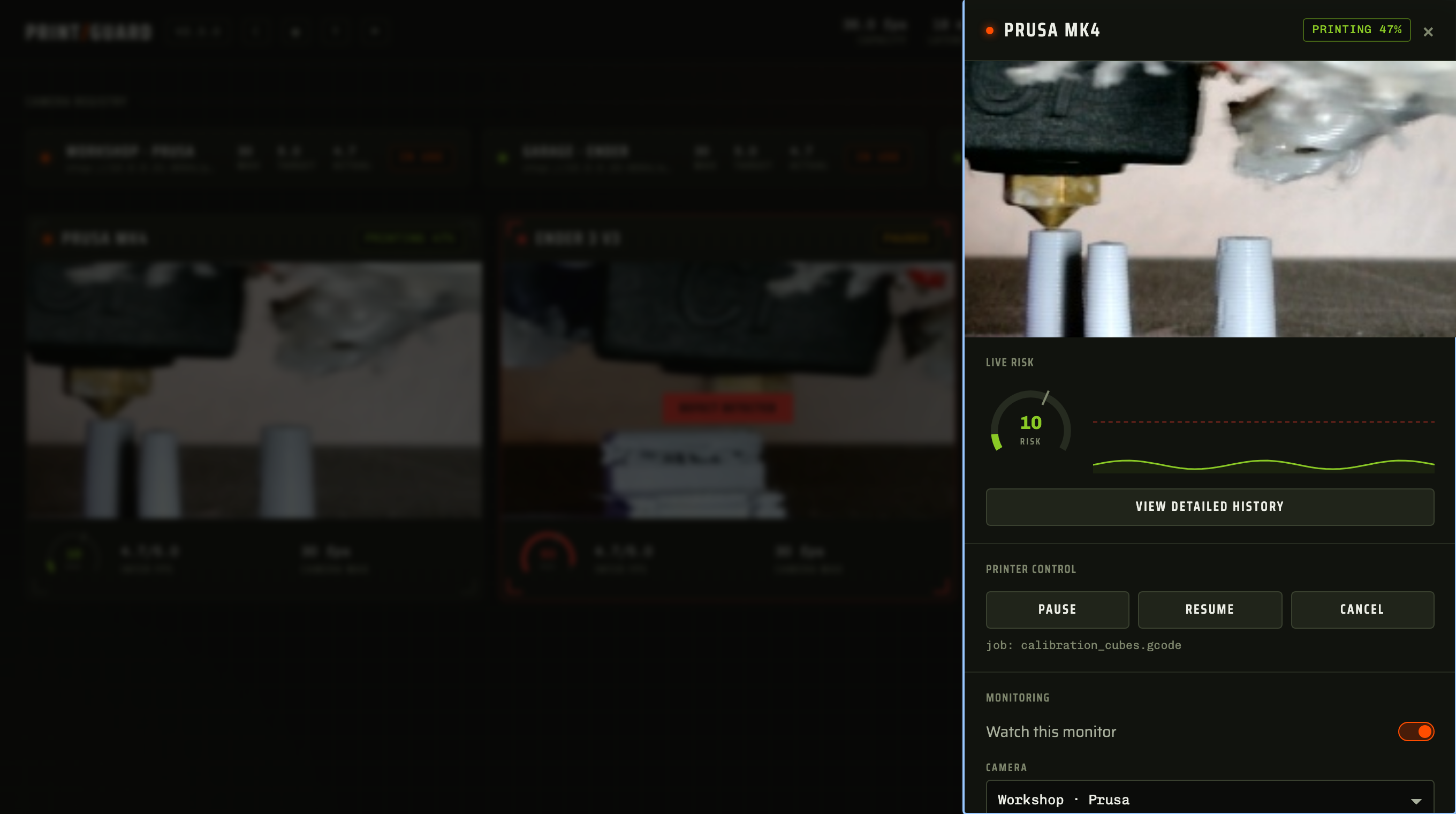Monitor detail with live risk score and printer controls