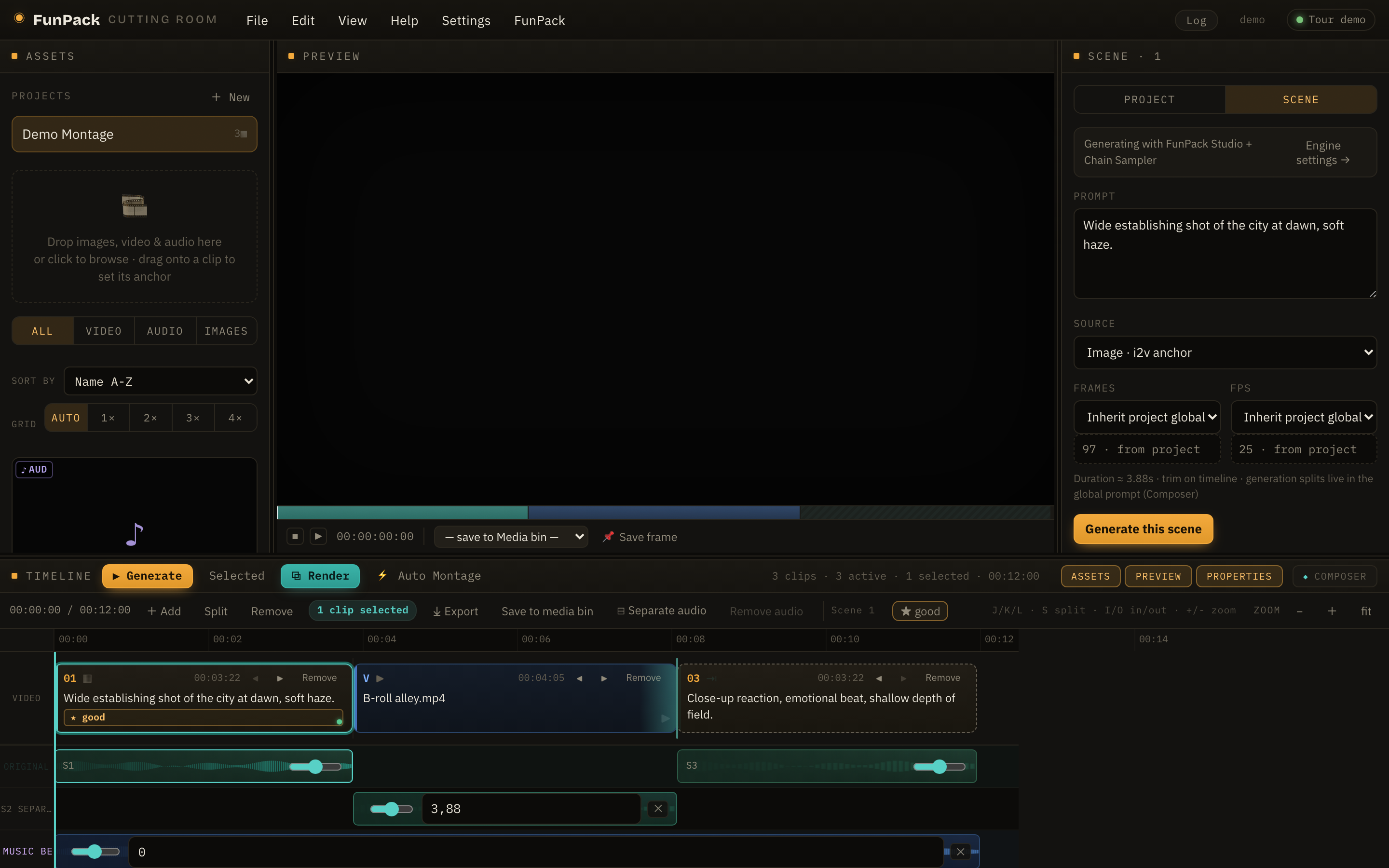 FunPack Cutting Room - timeline, preview monitor, media bin, and scene inspector
