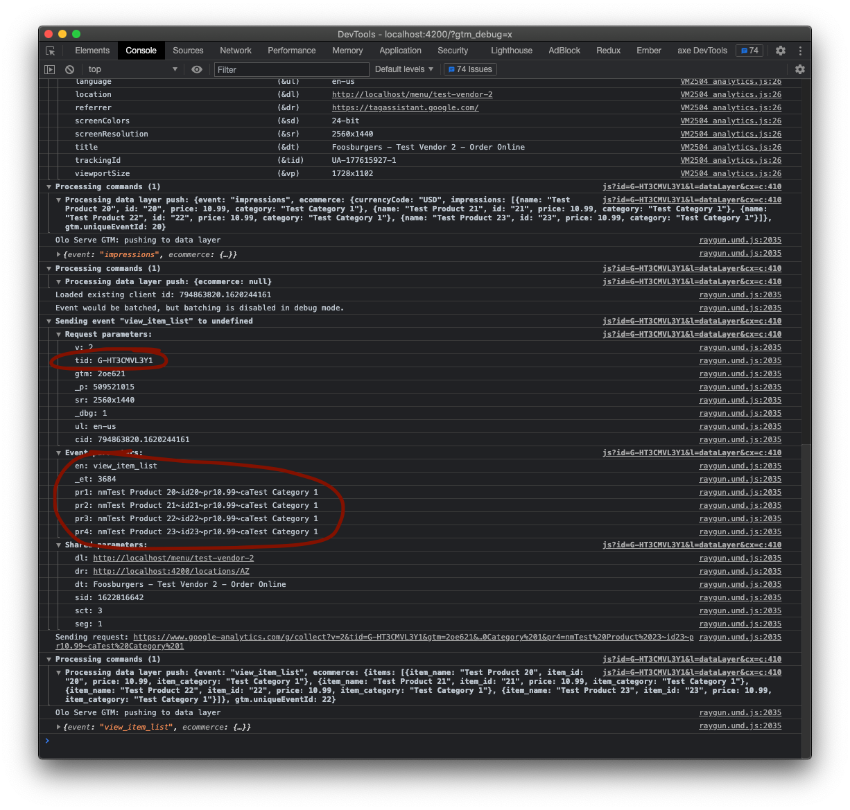 GA4 GA debugger output