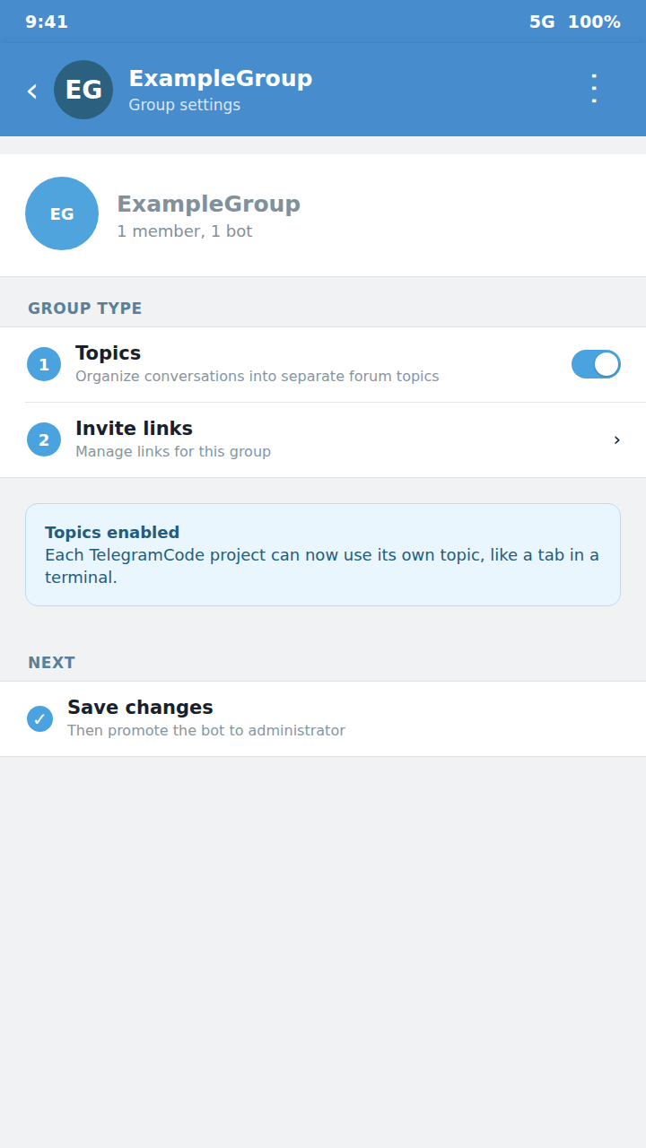 Group settings → Topics toggle enabled (Forum mode)