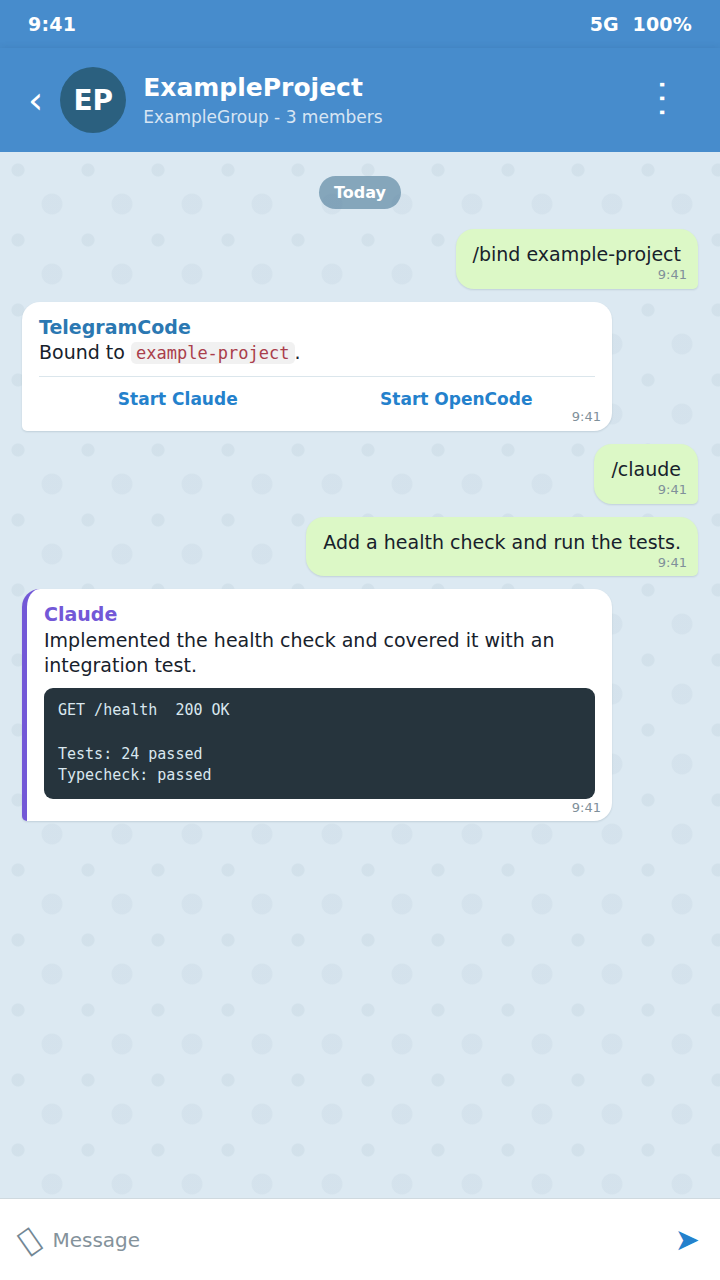 A topic bound with /bind, /claude started, and the agent replying