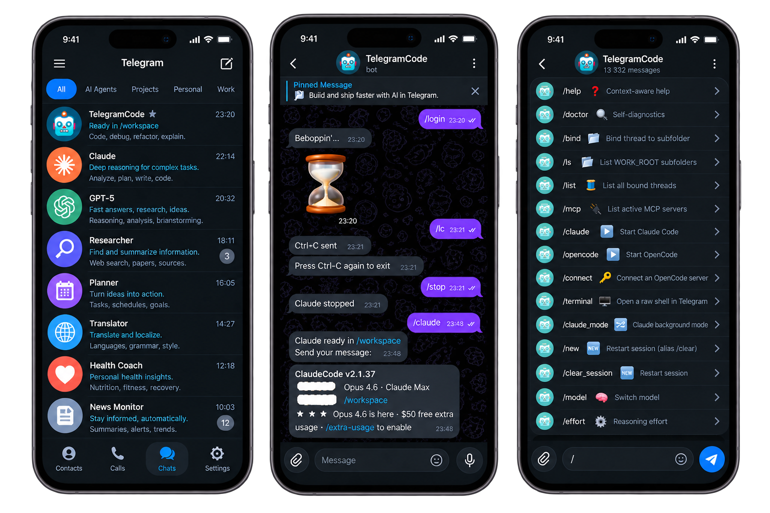 TelegramCode — all your agents in Telegram; chat, code, ship; powerful slash commands