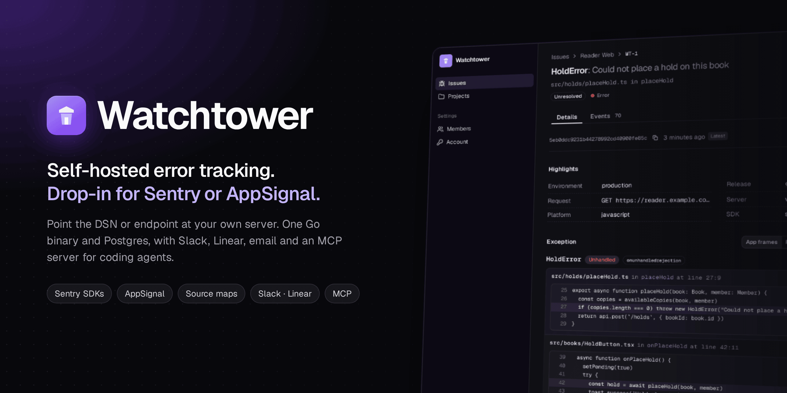 Watchtower: self-hosted error tracking, drop-in for Sentry or AppSignal