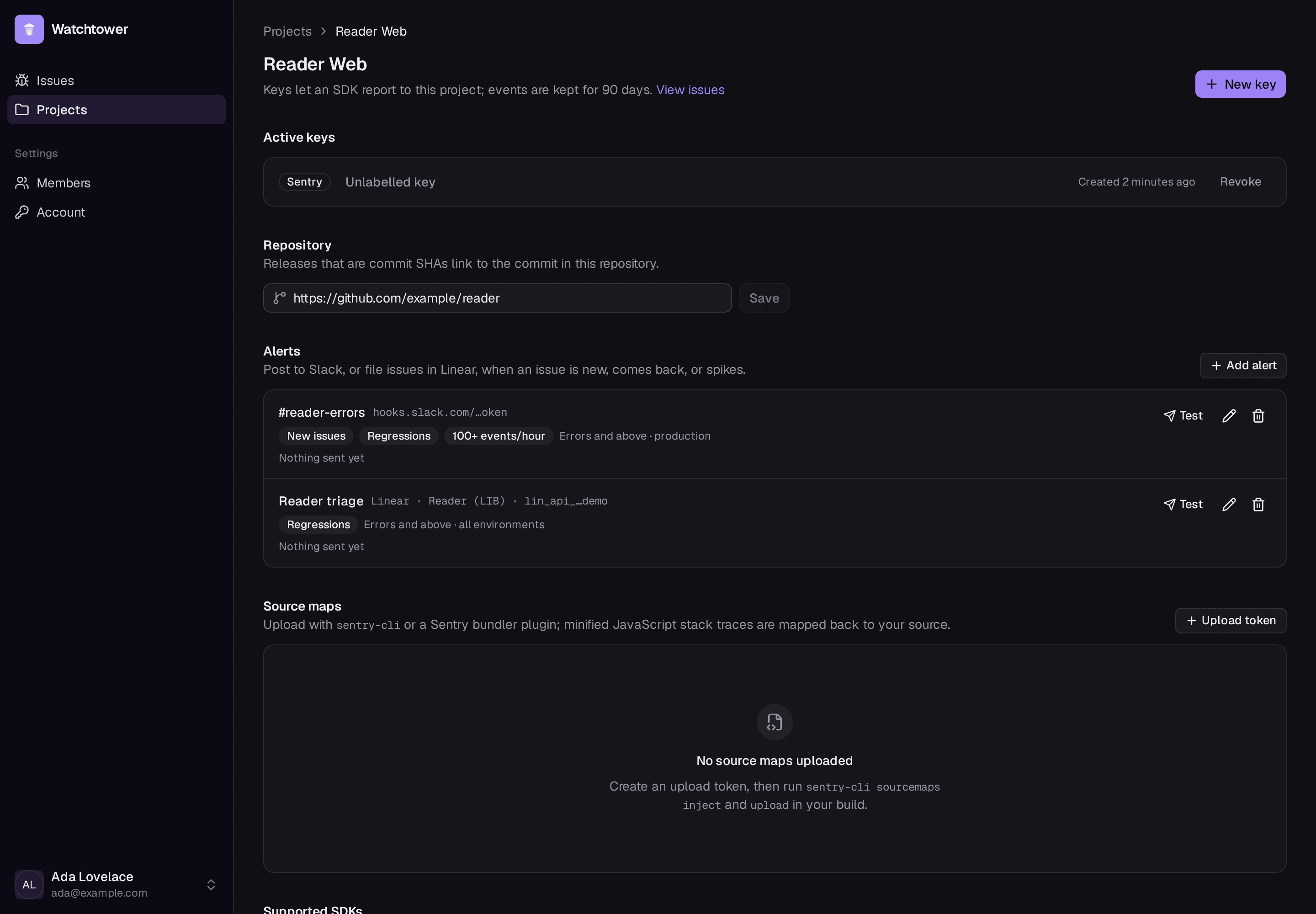 A project's alerts: a Slack channel and a Linear team
