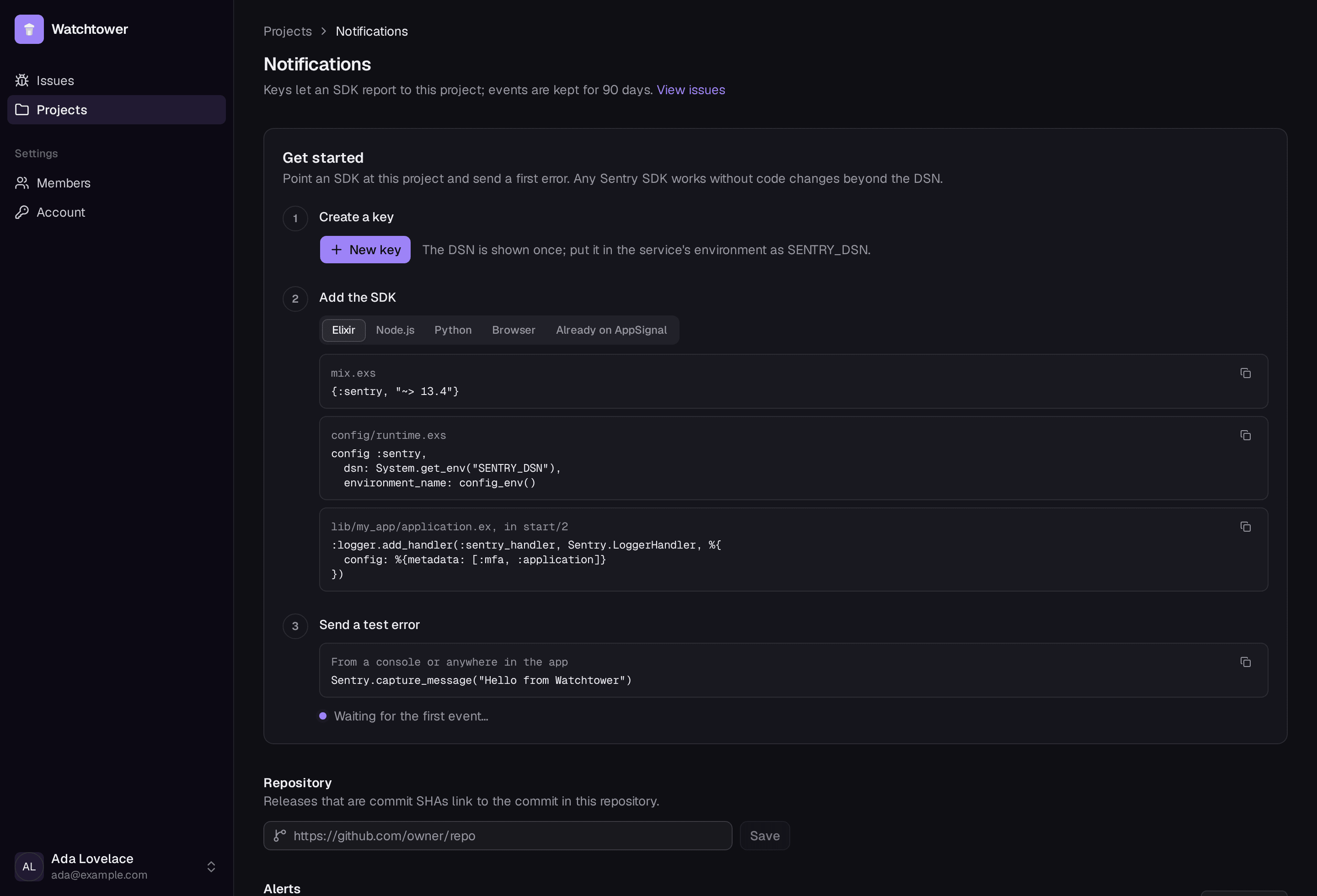 A new project's setup guide: create a key, add the SDK, send a test error