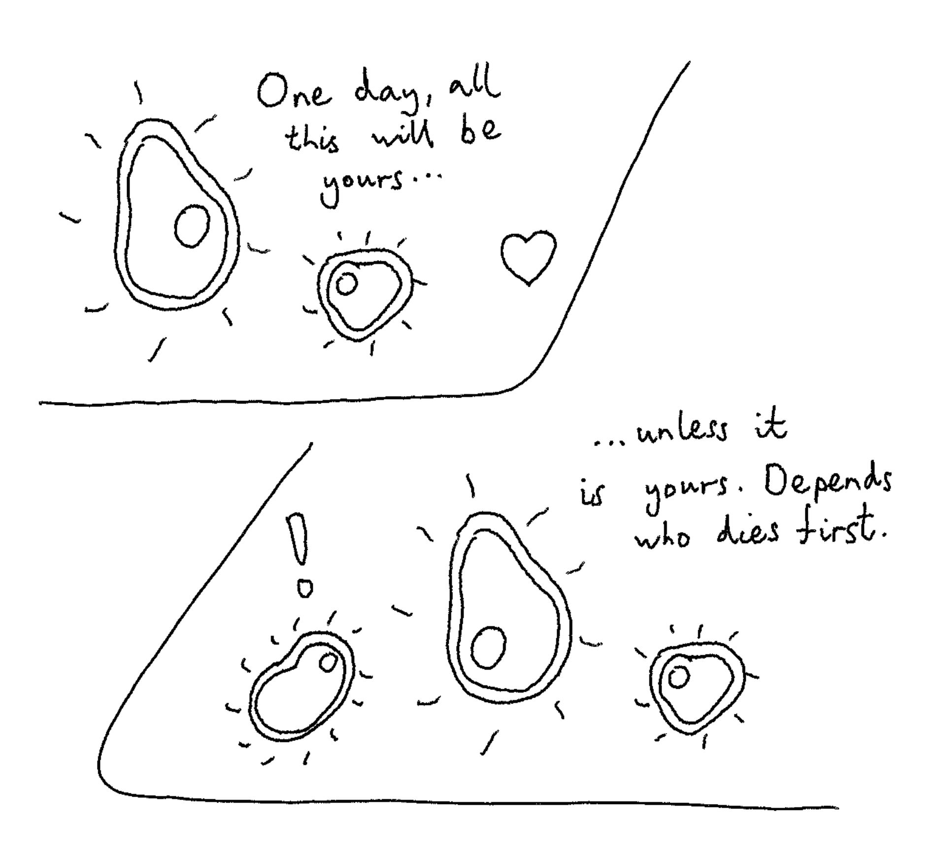  Only one: an amoeba looks at a smaller amoeba with love and says, 'One day all this will be yours...'. In the next panel, the same amoeba looks at a second smaller amoeba, saying, '...unless it is yours. Depends who dies first.' 