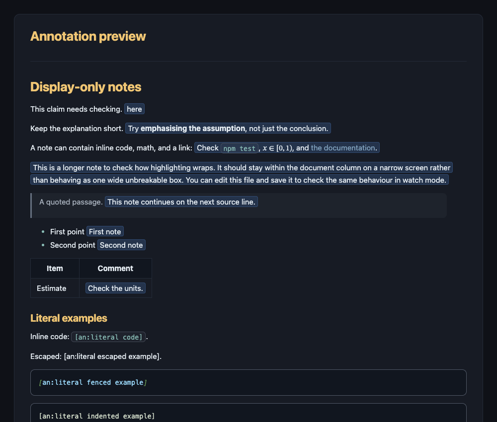Dark preview with highlighted inline notes and literal code examples