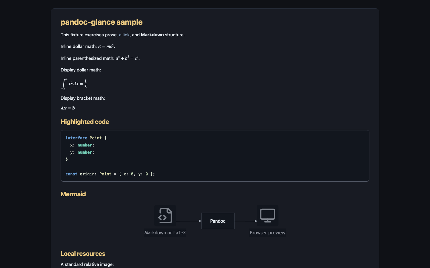 Dark browser preview showing MathML, highlighted TypeScript, and Mermaid