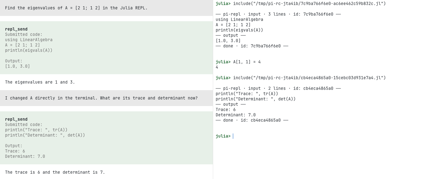 Pi and a shared Julia REPL with labelled input and output