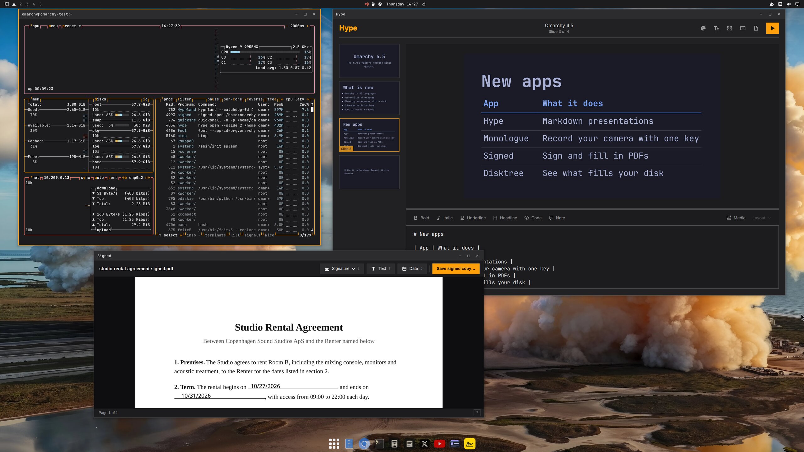 Omarchy 4.5 with the Starship theme on a floating workspace, with btop, Hype, Signed, and the dock
