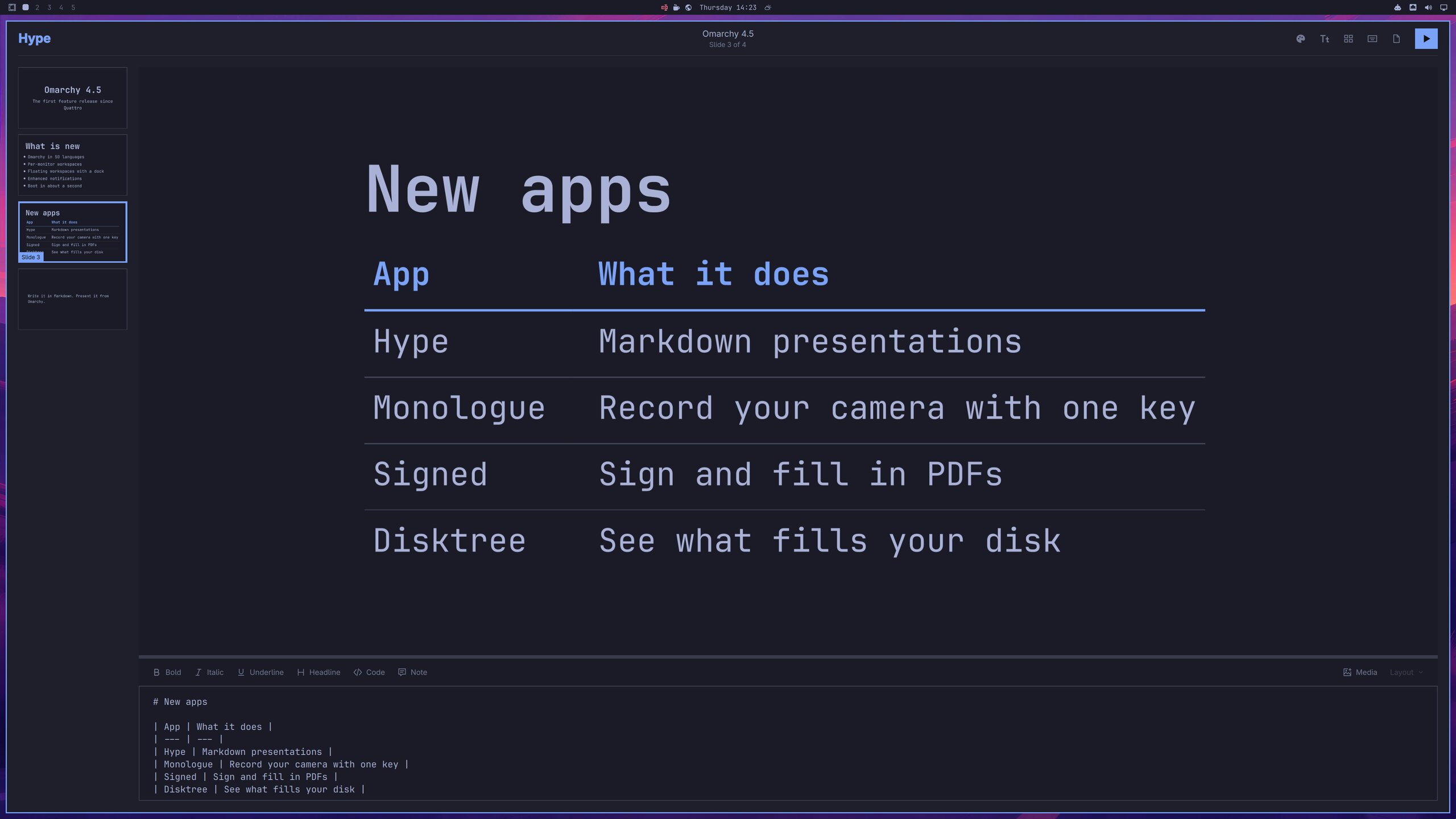 Hype editing a Markdown presentation