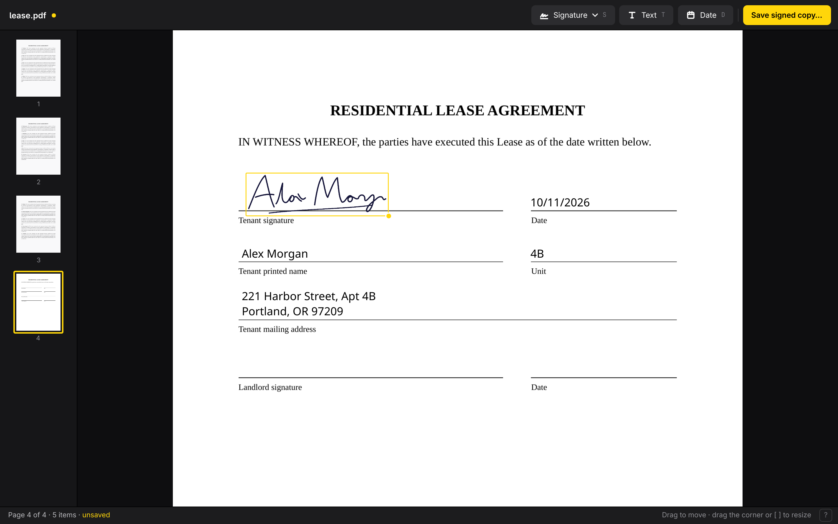 Signed with a signature, a date, and text placed on a lease