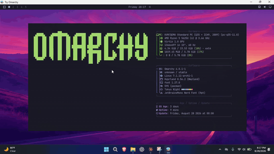 Live capture on the Ryzen 5 test laptop: fastfetch, the Omarchy menu, and a screensaver inside the Try Omarchy window