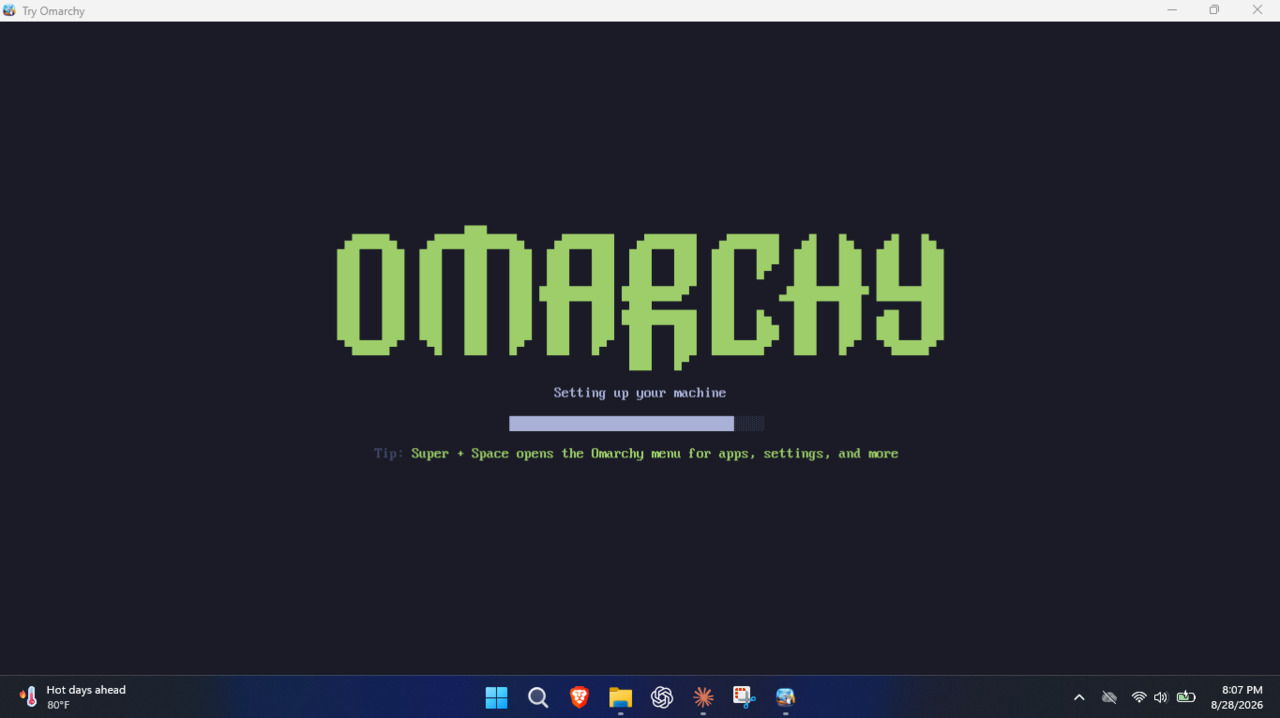Omarchy first-run setup inside the Try Omarchy window