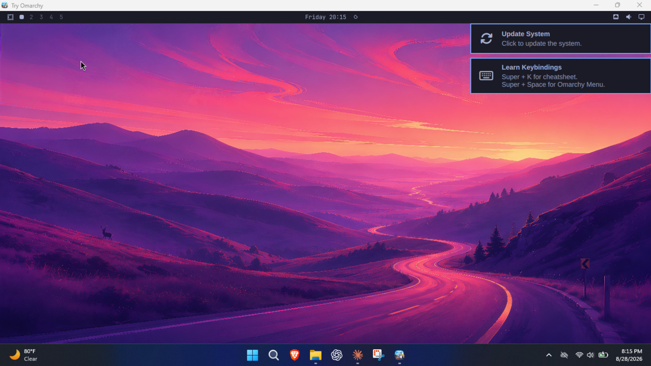 The Omarchy desktop running in the Try Omarchy window on Windows