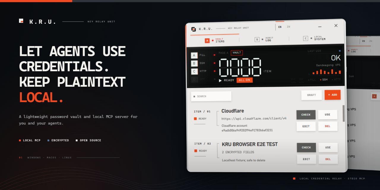 KRU local MCP password and credential manager for AI agents