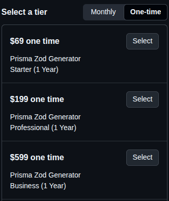 GitHub Sponsors One-time tab showing PZG yearly tiers