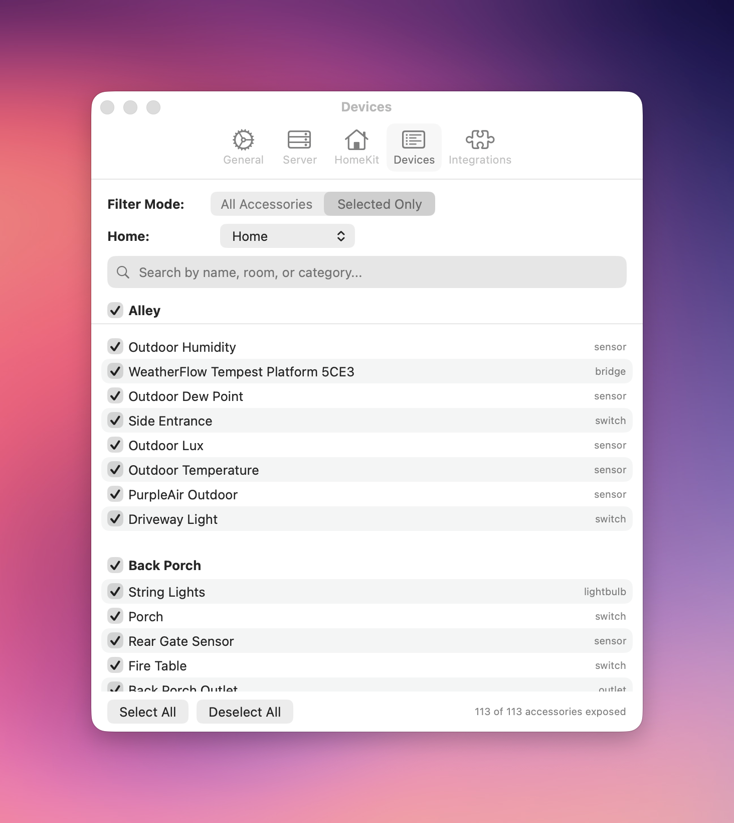 Devices settings tab