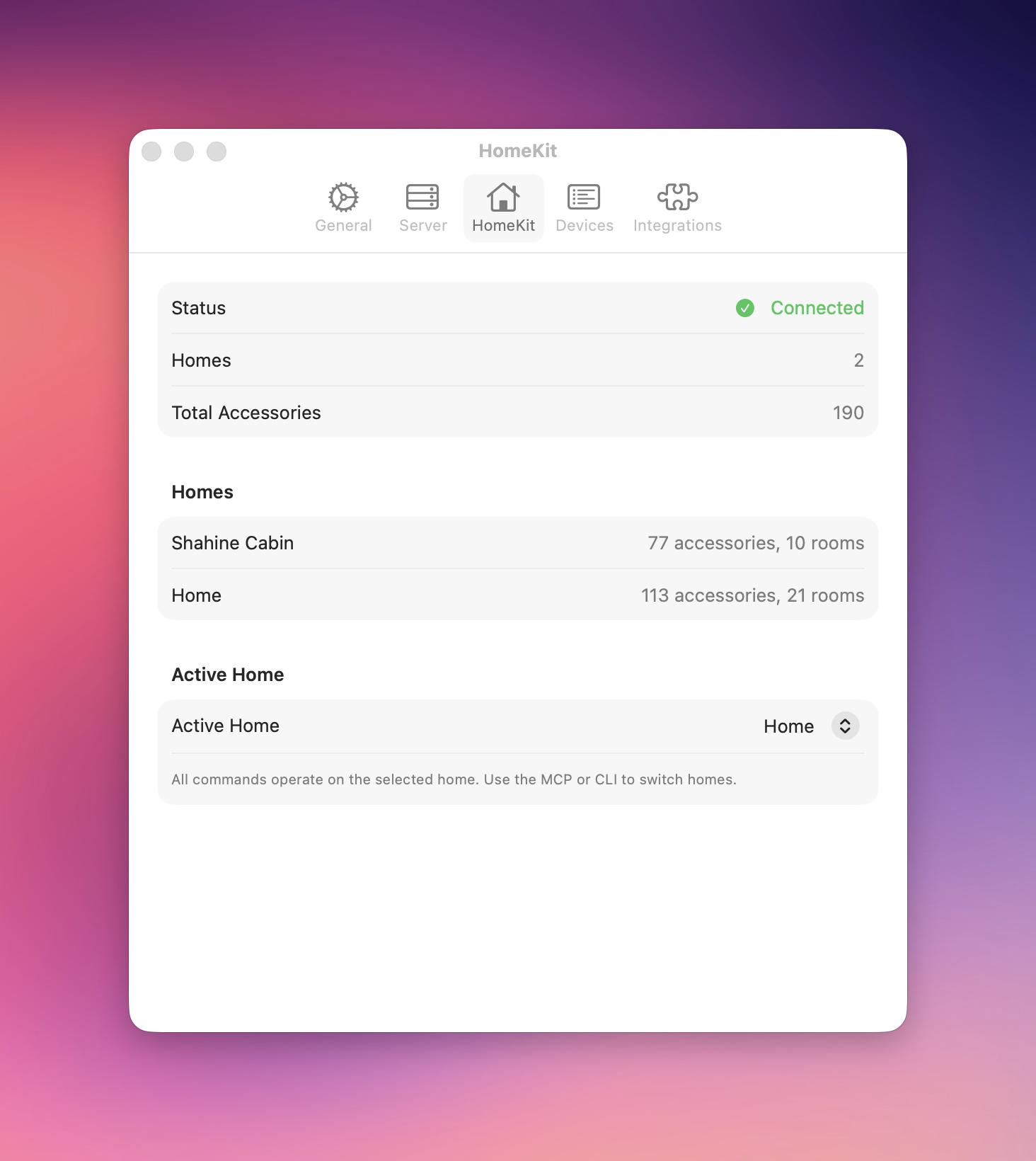 HomeKit settings tab