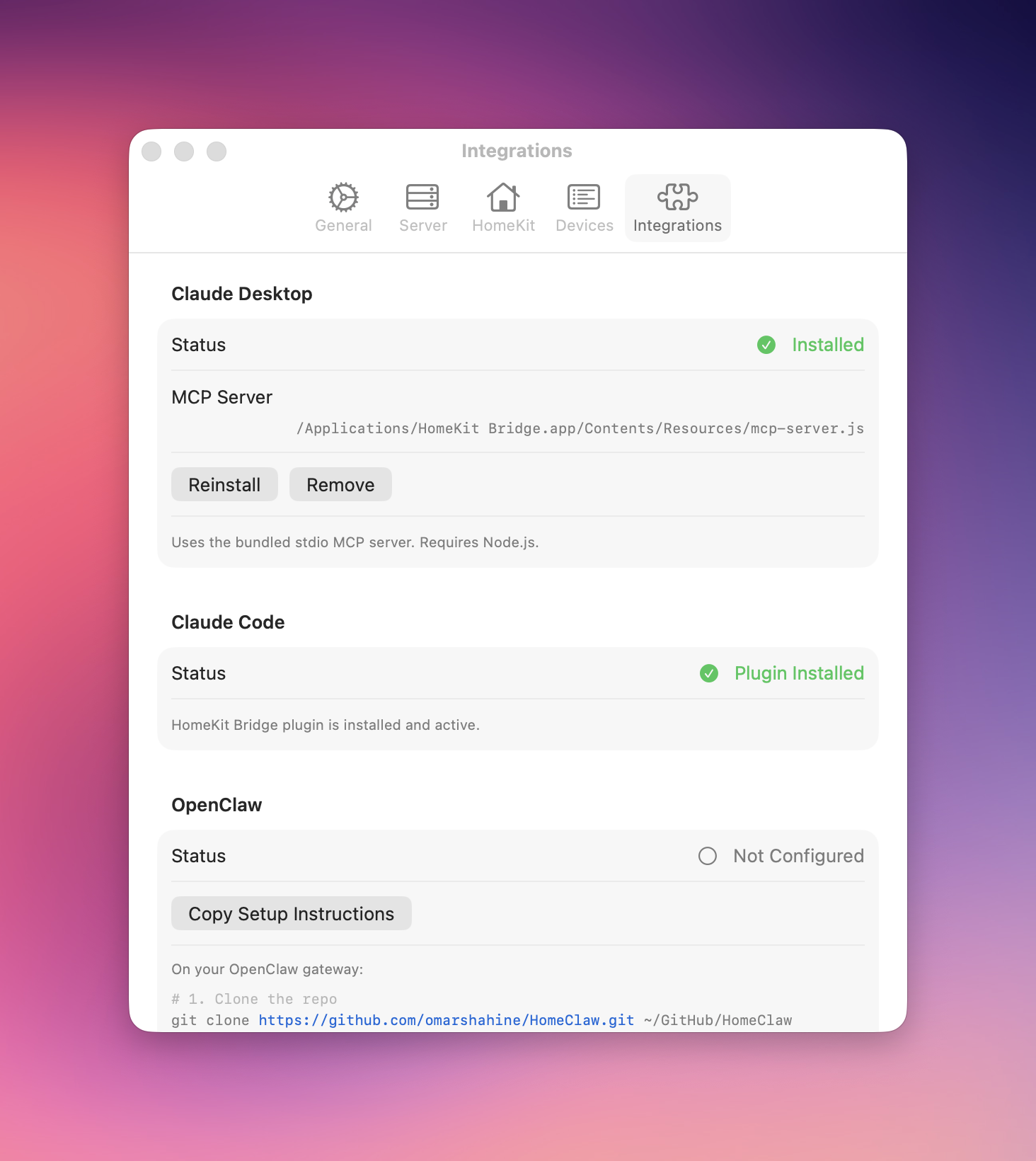Integrations settings tab