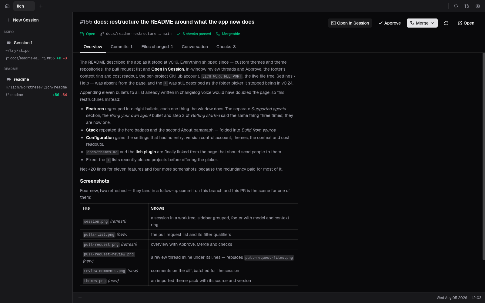 The pull request screen: state, checks, mergeability and the pull request body, with Approve and Merge in the header