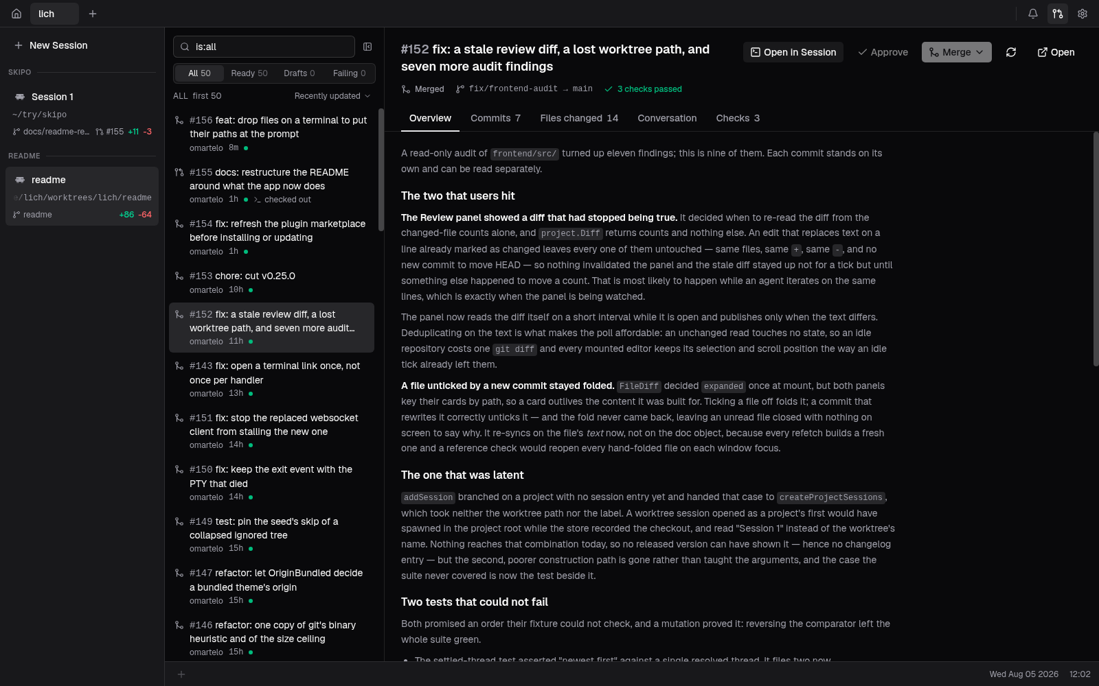 The pull request list: every open pull request with its author, age and check status, narrowed by a filter box