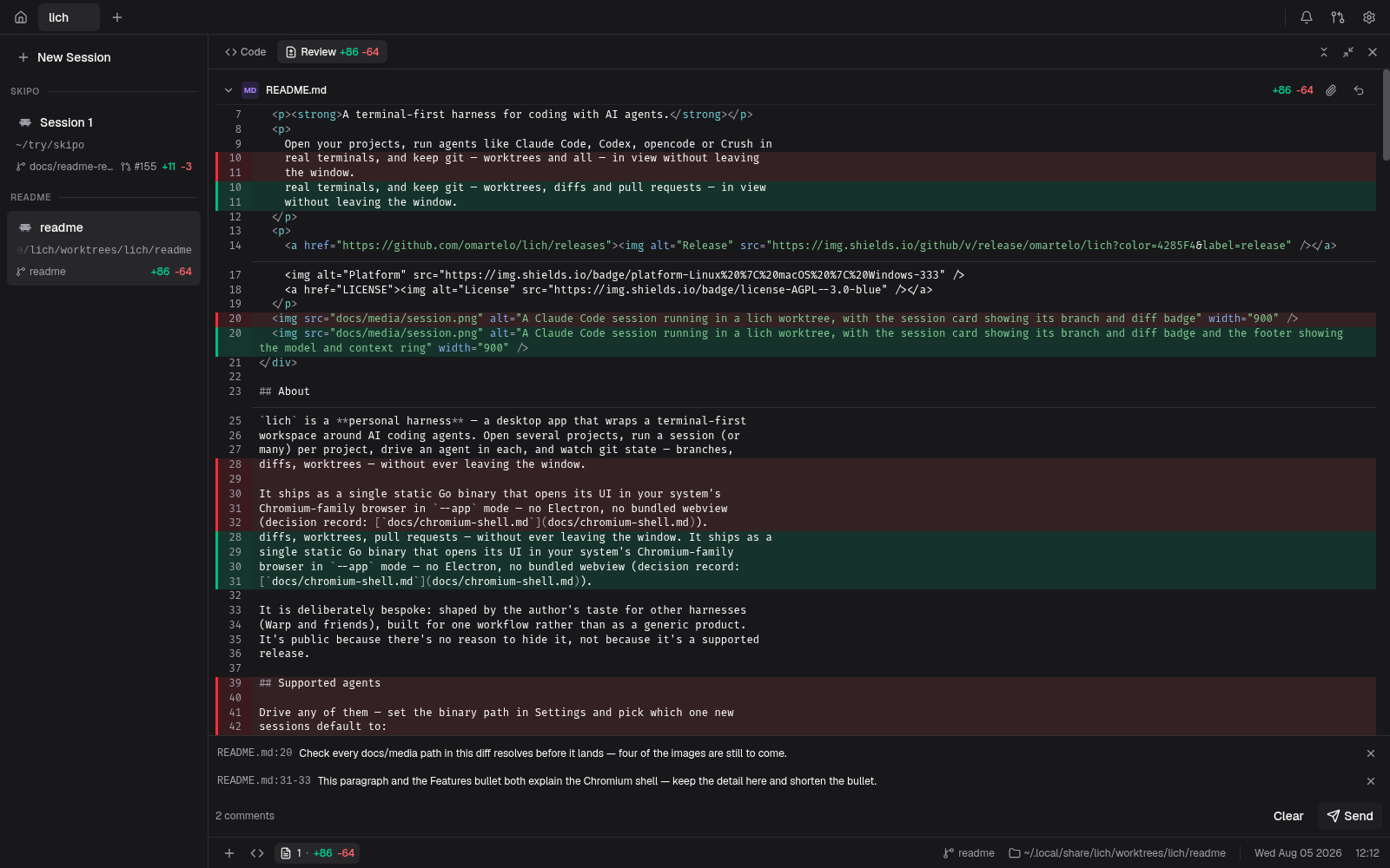 The review dock with two comments written against lines of the diff, collected at the foot of the panel