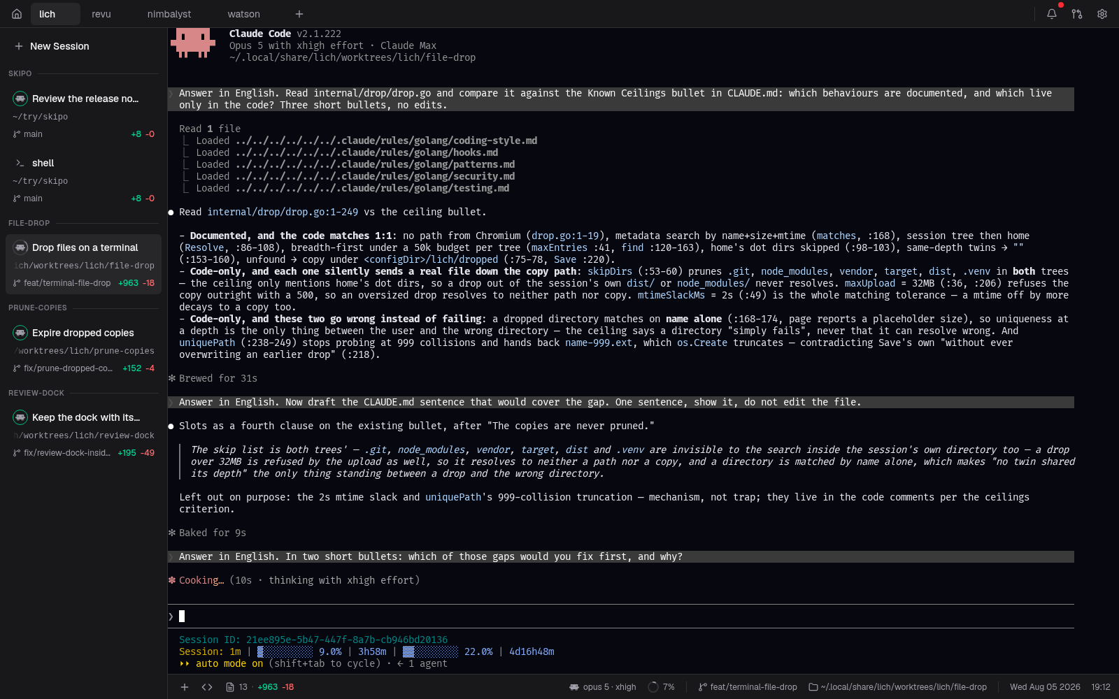 Four projects on the tab bar and five sessions in the sidebar — each with its worktree, branch and diff badge — while a Claude Code session works in the terminal and the footer shows the model and context ring