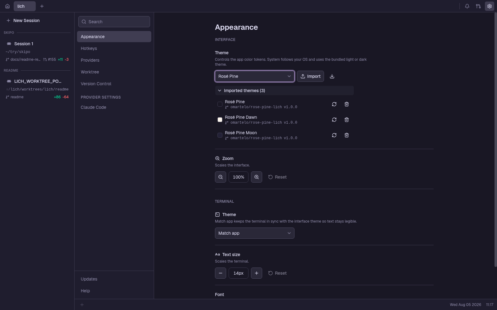 Settings, Appearance: the bundled themes beside an imported pack showing the repository it came from and its version