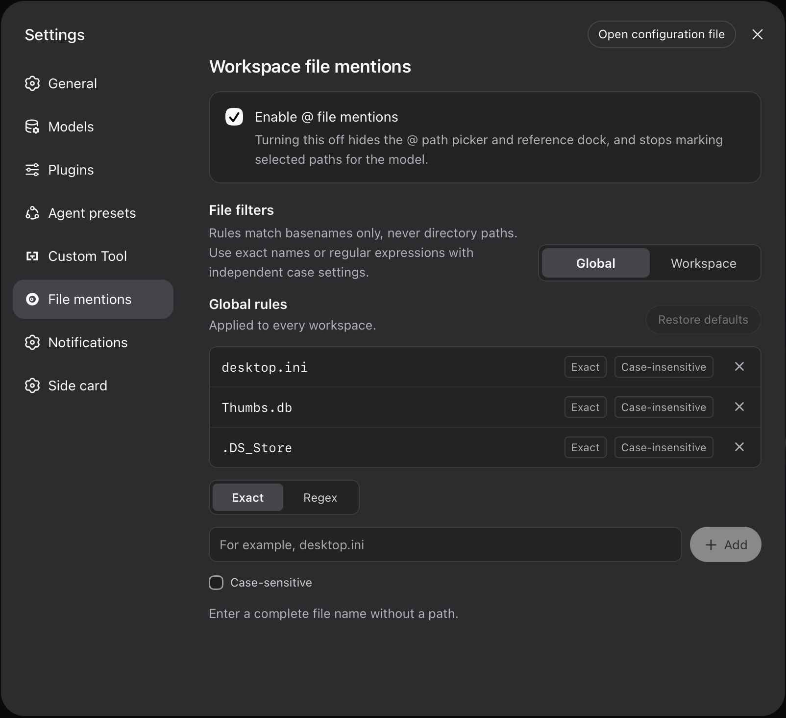 File mention settings with Exact and Regex rules