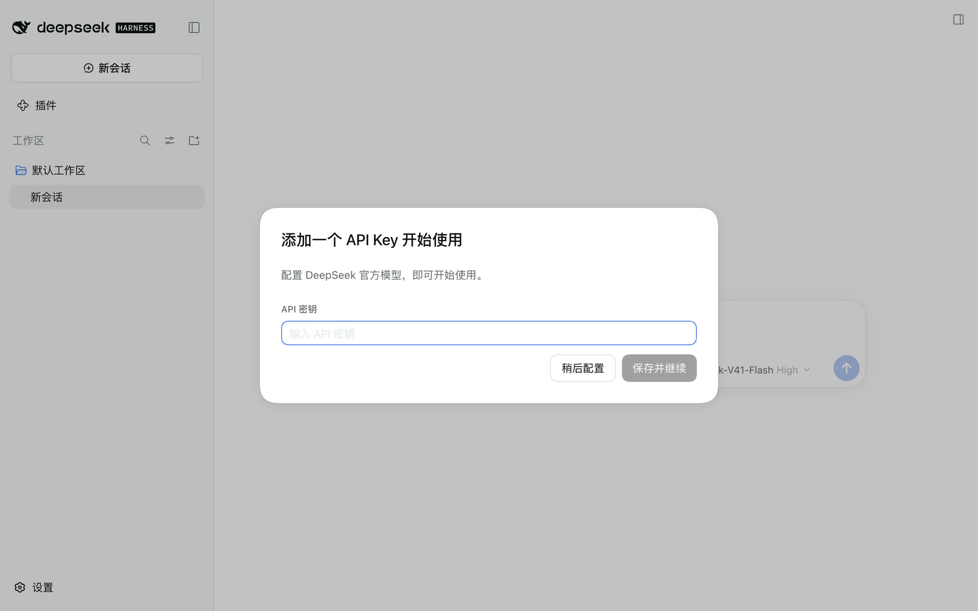 DSH 首次打开时的“添加一个 API Key 开始使用”对话框，下方是“稍后配置”与“保存并继续”