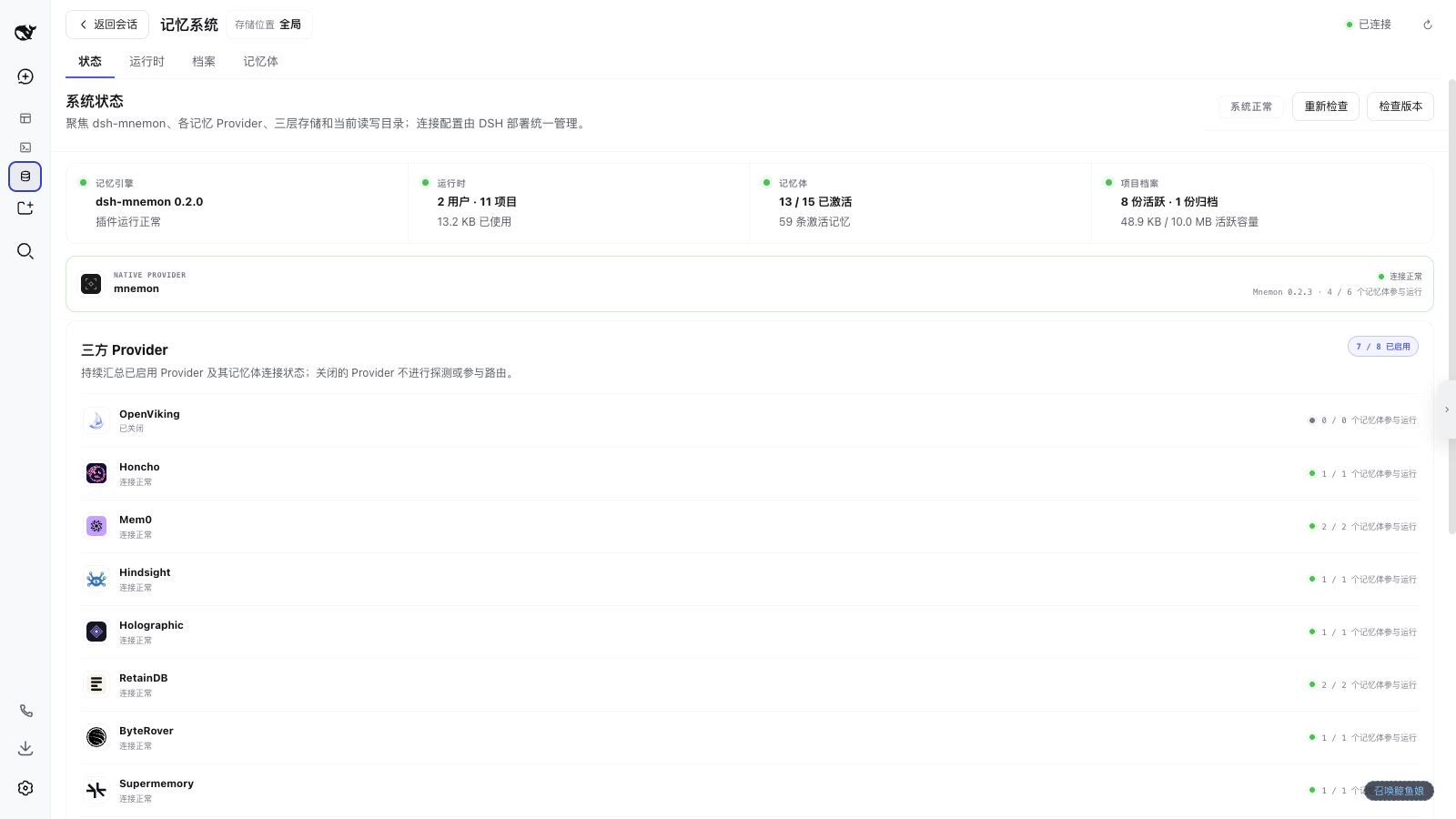 dsh-mnemon v0.2.0 Memory System status and provider overview