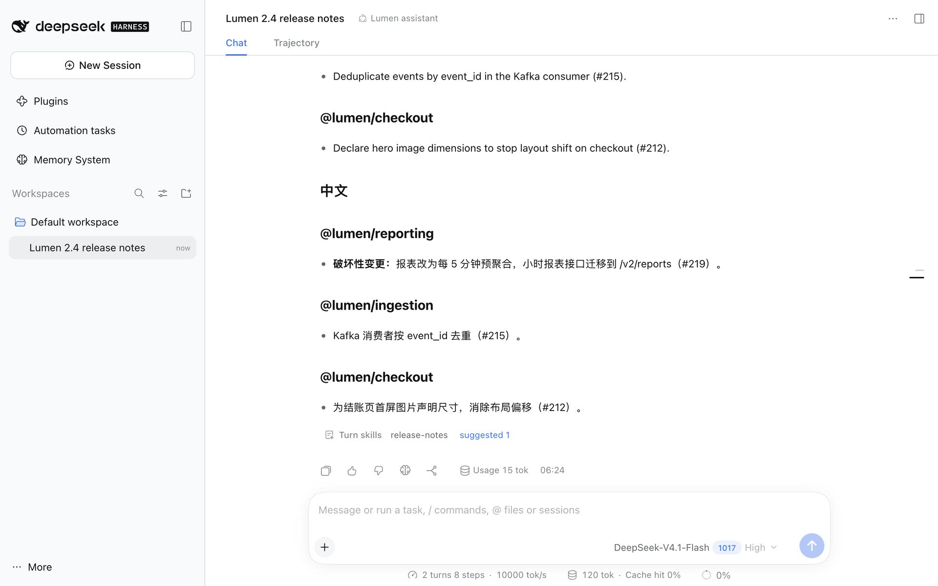 The Turn skills line under a reply: release-notes, suggested 1