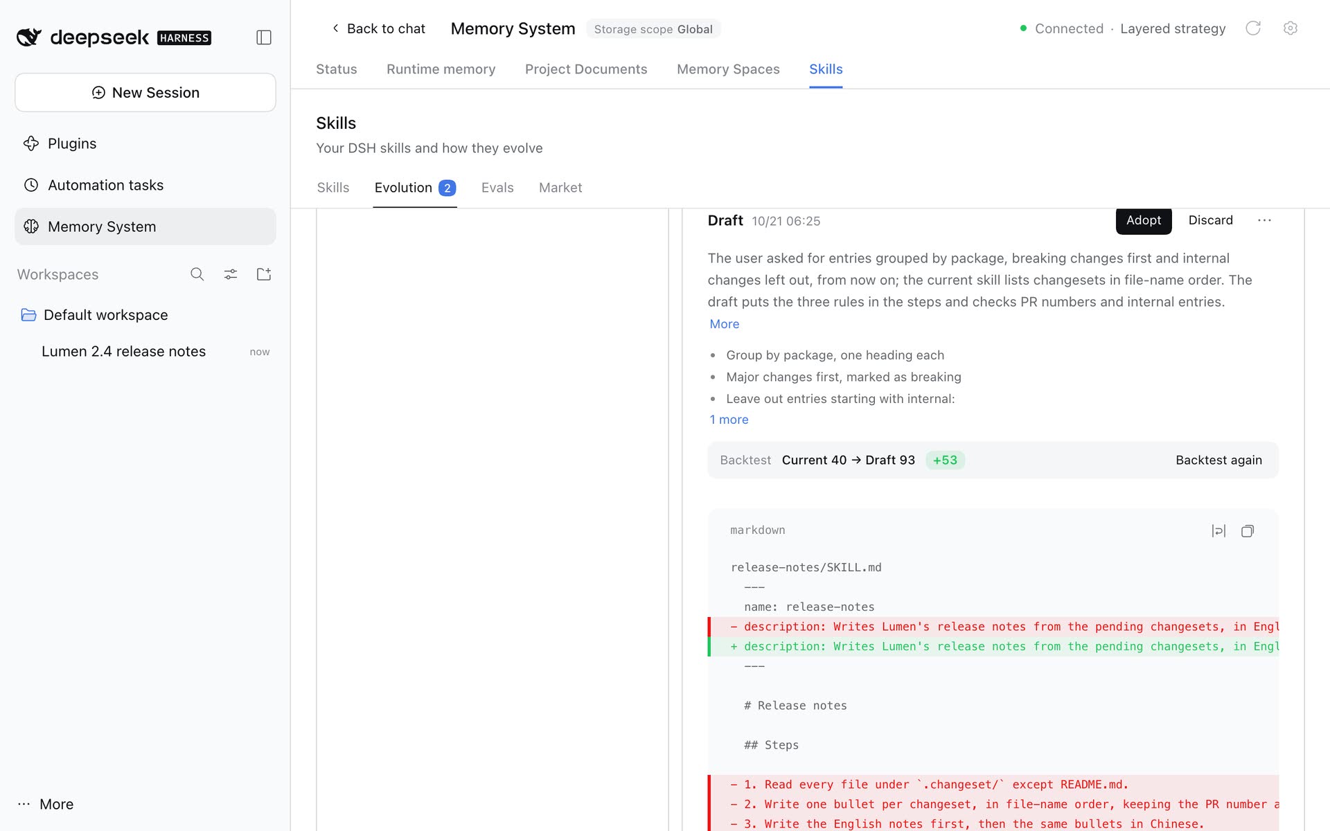 A draft of release-notes with its backtest, Current 40 → Draft 93 +53, and the diff